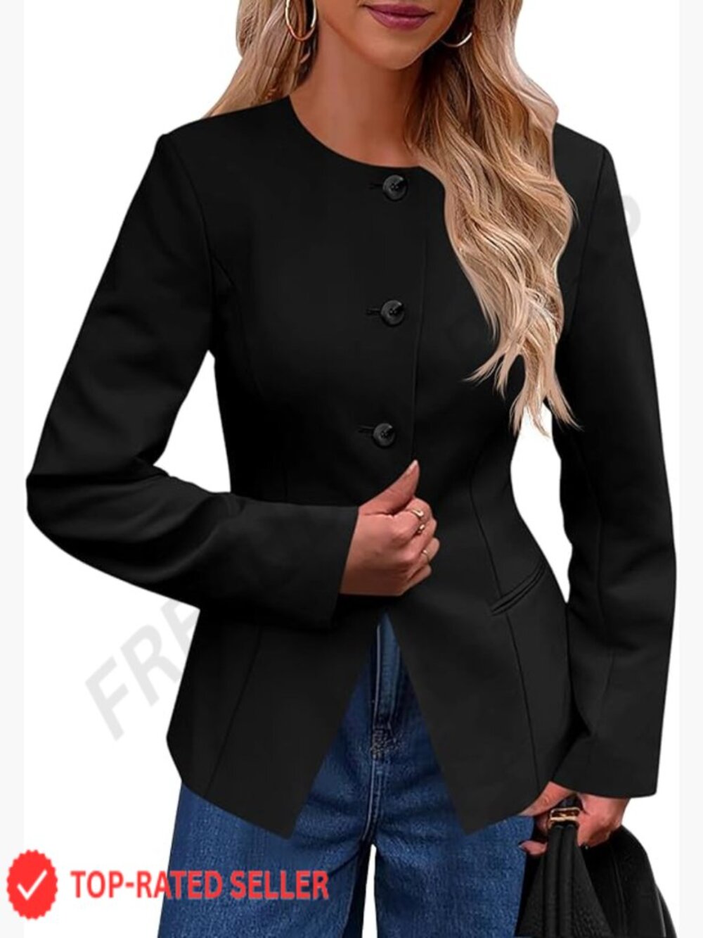 Collarless Fitted Blazer Split Hem Work Office Business Casual Jacket